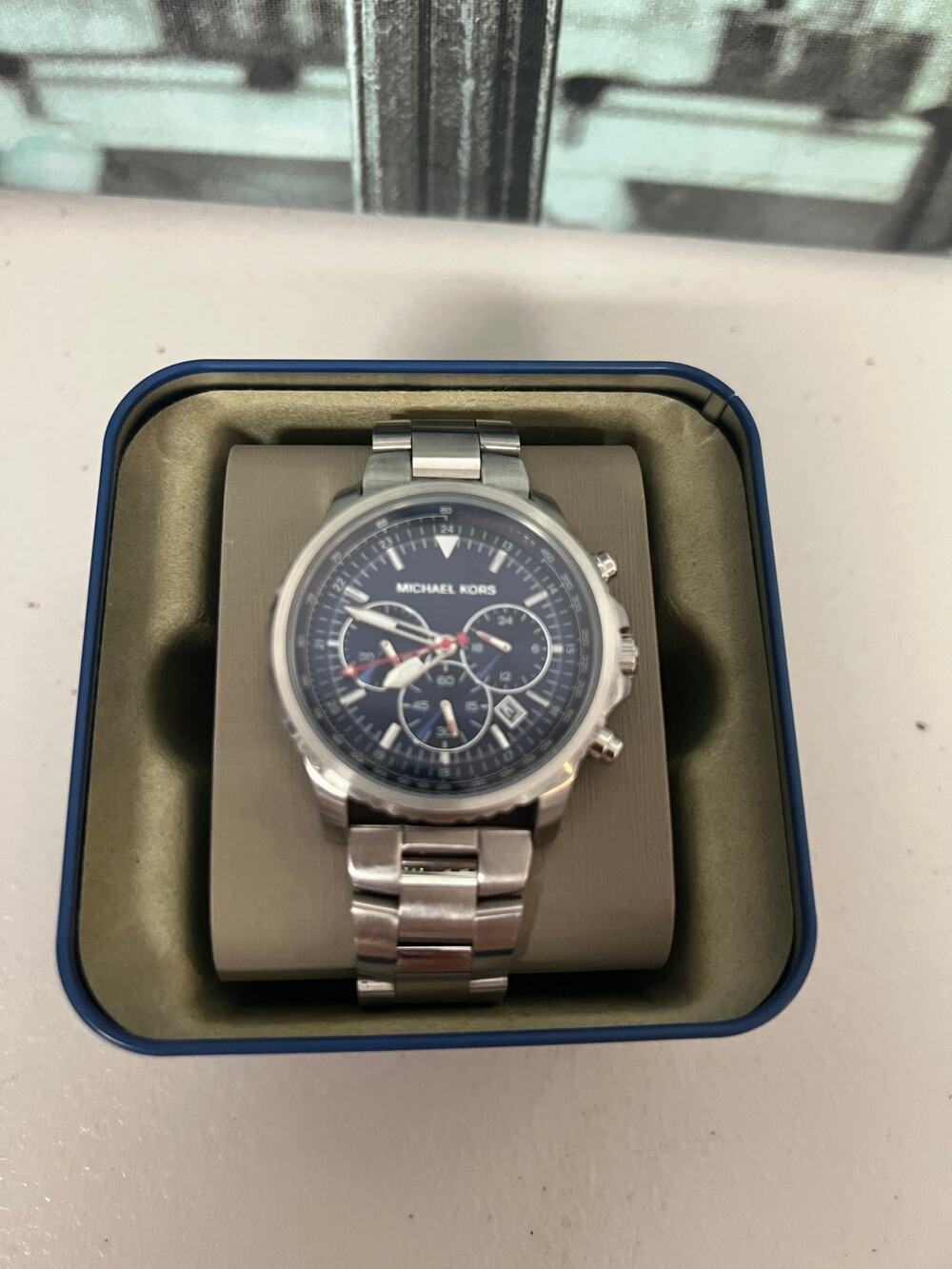 Michael Kors MK8641 Silver Steel Chronograph Men’s Watch 45mm Navy Dial